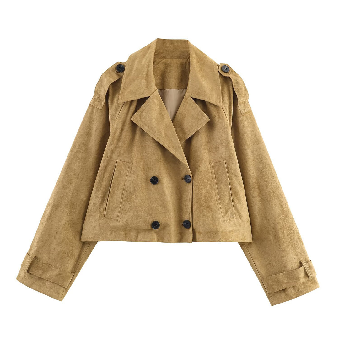 Ladies Fashion Cropped Trench Coat with Double-Breasted Button Placket and Practical Pockets Lune London