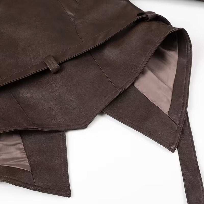 Ladies leather jacket with wrap belt, asymmetrical hem and decorative eyelets Amarae