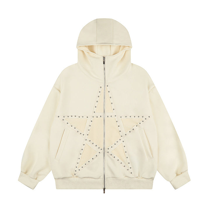Women's Oversize Hooded Zip Jacket with Studded Star Design and High Collar Amarae