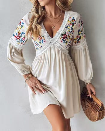 Airy summer dress for women with embroidered V-neck and long sleeves Lune London