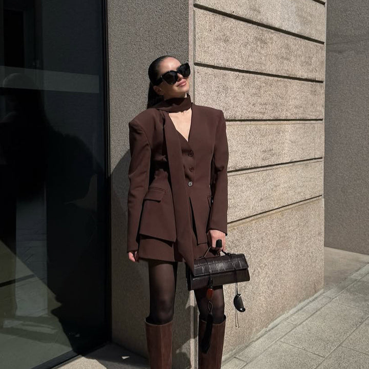 Women's Elegant Tailored Blazer-Pants Set with Integrated Scarf and V-Neck Amarae