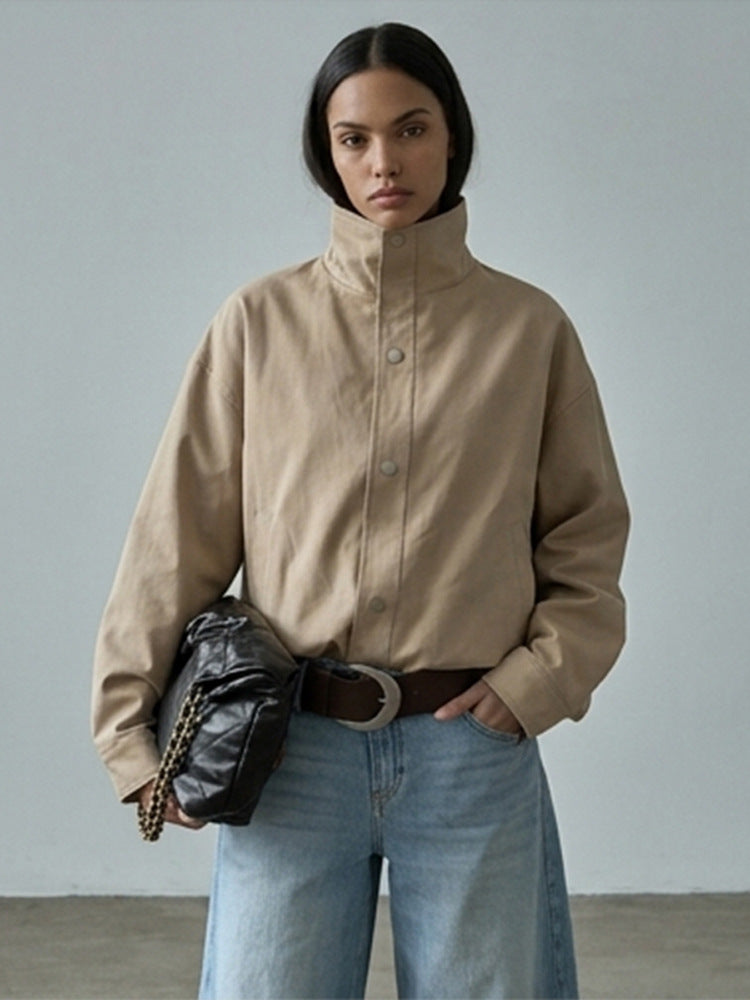 Women Short Boxy Canvas Jacket with High Stand-Up Collar and Snap Button Placket Amarae