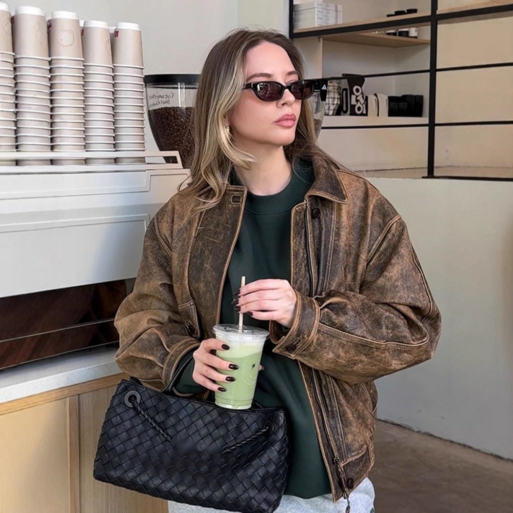 Women Vintage-inspired Oversized Leather Bomber Jacket with Used Look Amarae