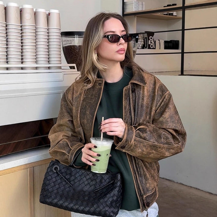Women Vintage-inspired Oversized Leather Bomber Jacket with Used Look Amarae