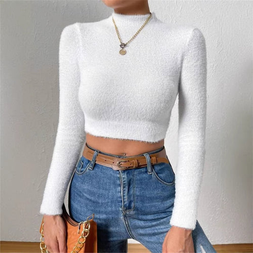 Femmes haut de gamme, courte top en tricot doux avec design col haut Chic & Stil