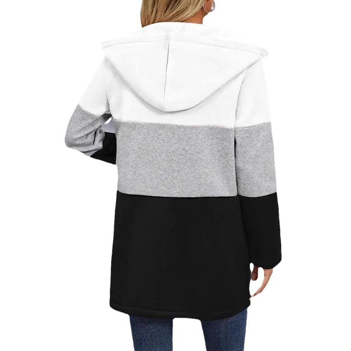 Trendy long hooded jacket for women with chic and stylish color block design