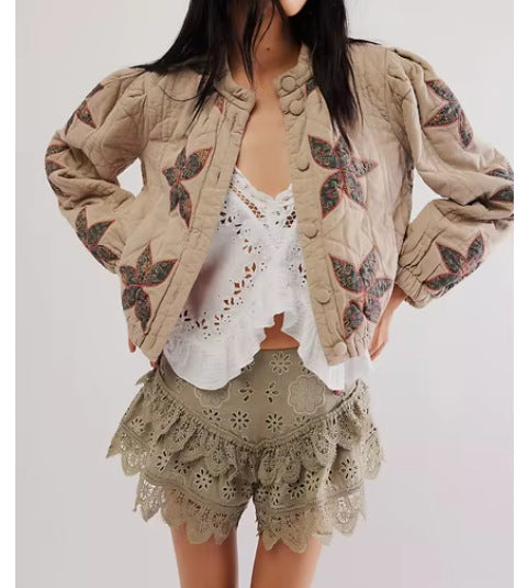 Ladies quilted jacket with floral design and elastic edges Lune London