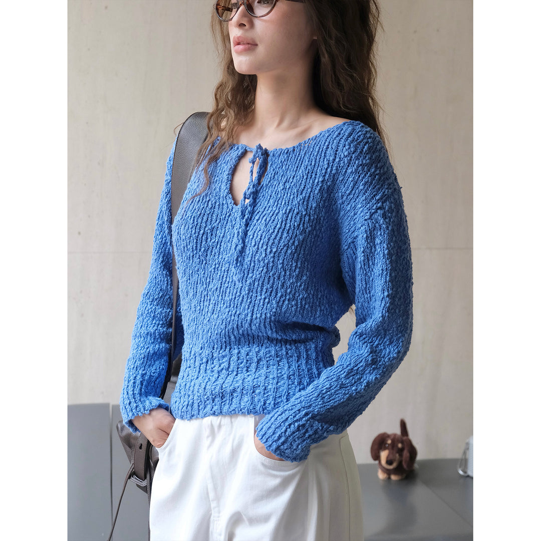 Women's chunky knit sweater with wide bateau neckline and tie belt Amarae