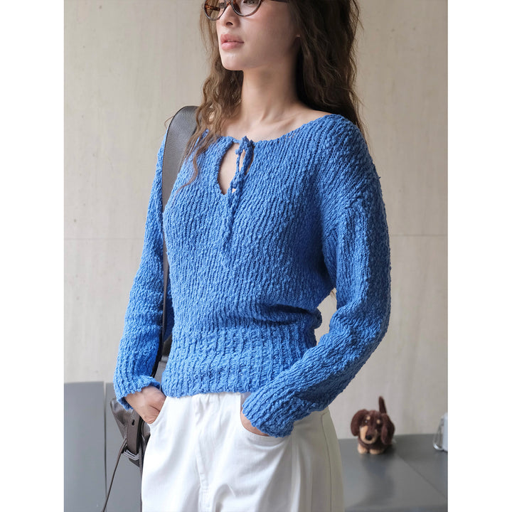 Women's chunky knit sweater with wide bateau neckline and tie belt Amarae