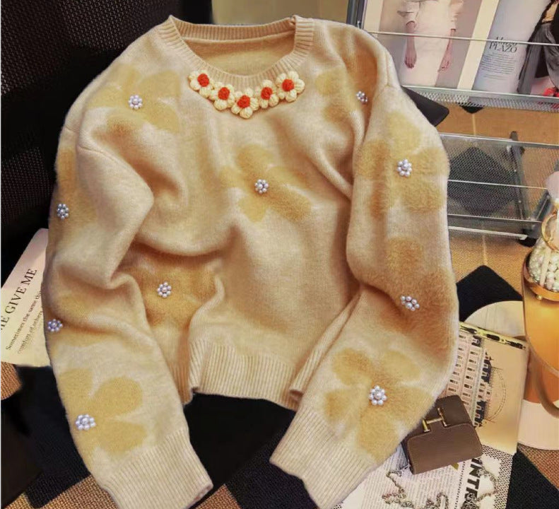 Pull en tricot pour femmes avec design floral et embellissements en perles Chic & Stil
