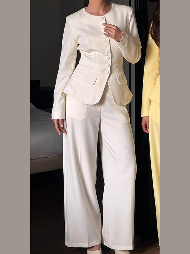 Women's Tailored Blazer with Round Neckline, Decorative Fabric Buttons and Flap Pockets Amarae