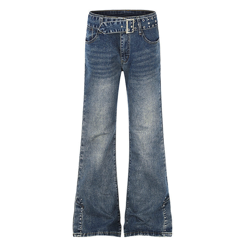 Women's High-Waist Flared Denim Jeans with Studded Detail, Wide Flare and Decorative Belt Amarae