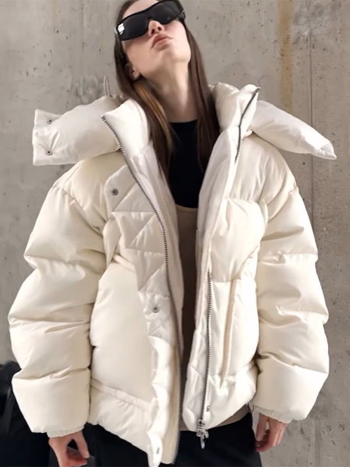 Women Oversize Quilted Puffer Jacket with extra high Stand-up Collar, double Front Zipper and boxy Silhouette Amarae
