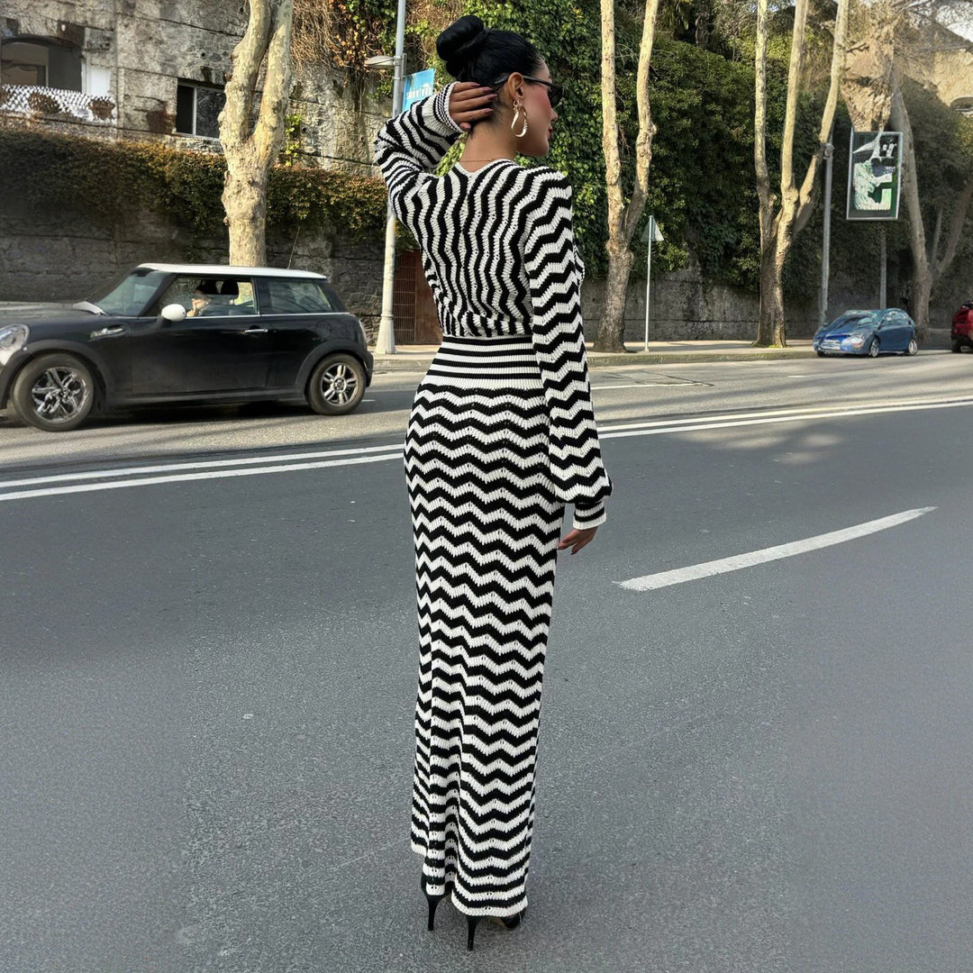 Knit dress for women with deep V-neck and modern zigzag pattern Lune London