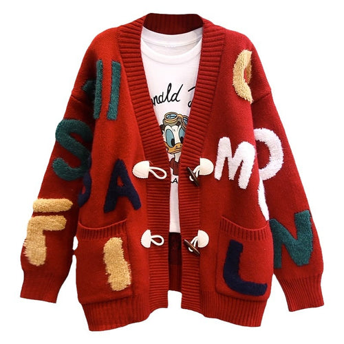 Women’s knit jacket with colorful letter pattern and practical pockets Amarae