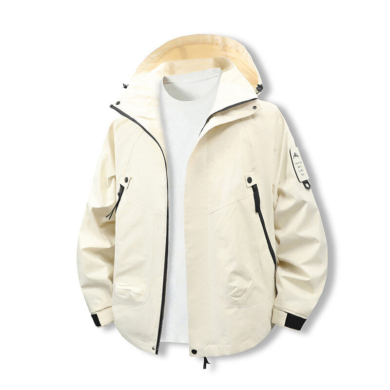Functional outdoor jacket for men with adjustable hood area and multiple pockets Lune London