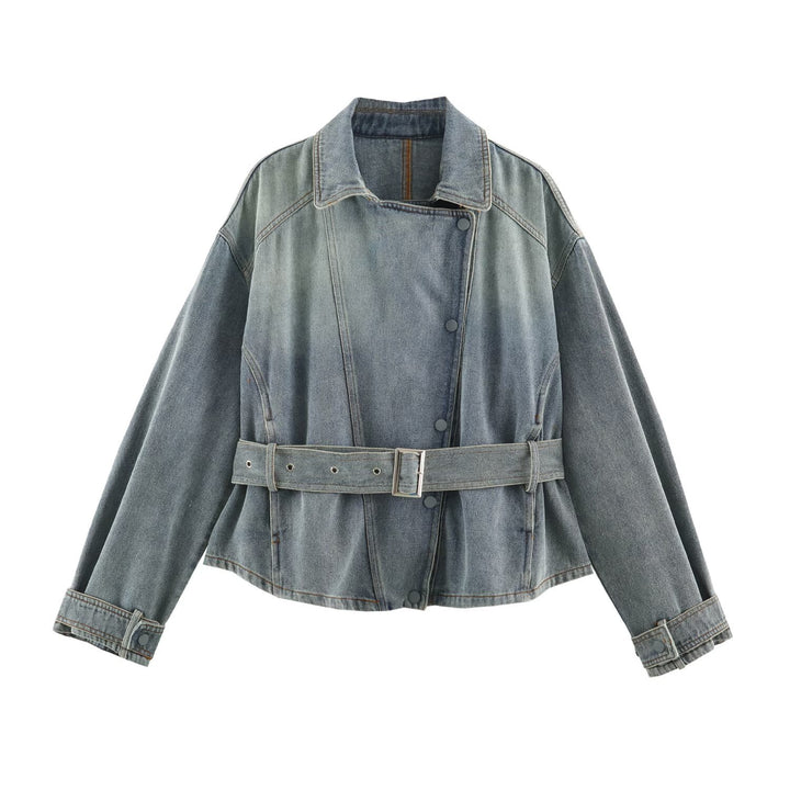 Women's denim jacket with belted waist and asymmetric snap button placket Amarae