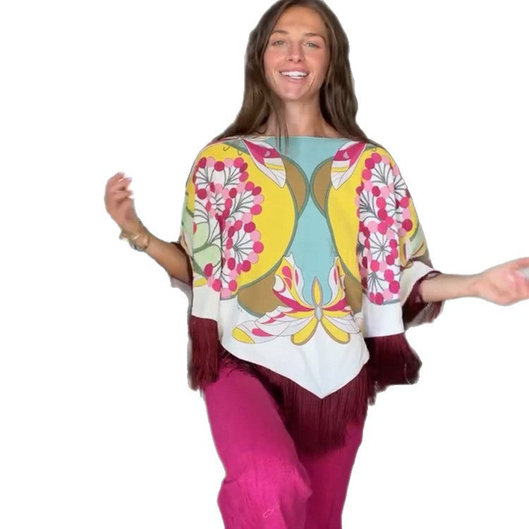 Ladies Silk Print Poncho with Retro Floral Pattern and Long Fringes Amarae