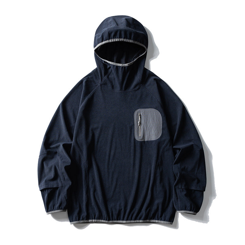 Unisex Lightweight Technical Hooded Pullover Wind Jacket with Chest Zipper Pocket and Elastic Hem Amarae