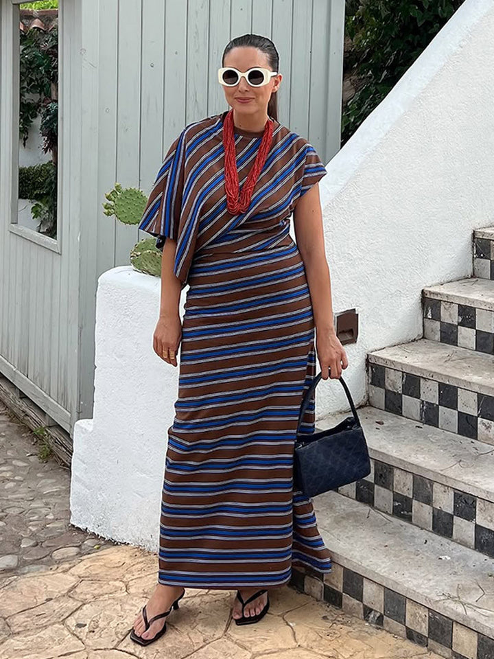 Women's Striped Maxi Dress with Asymmetrical Cape Sleeves & Tailored Silhouette Amarae
