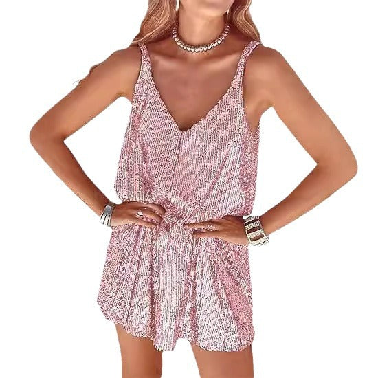Women's Shimmering Jumpsuit with Deep V-Neck and Elastic Waist Lune London