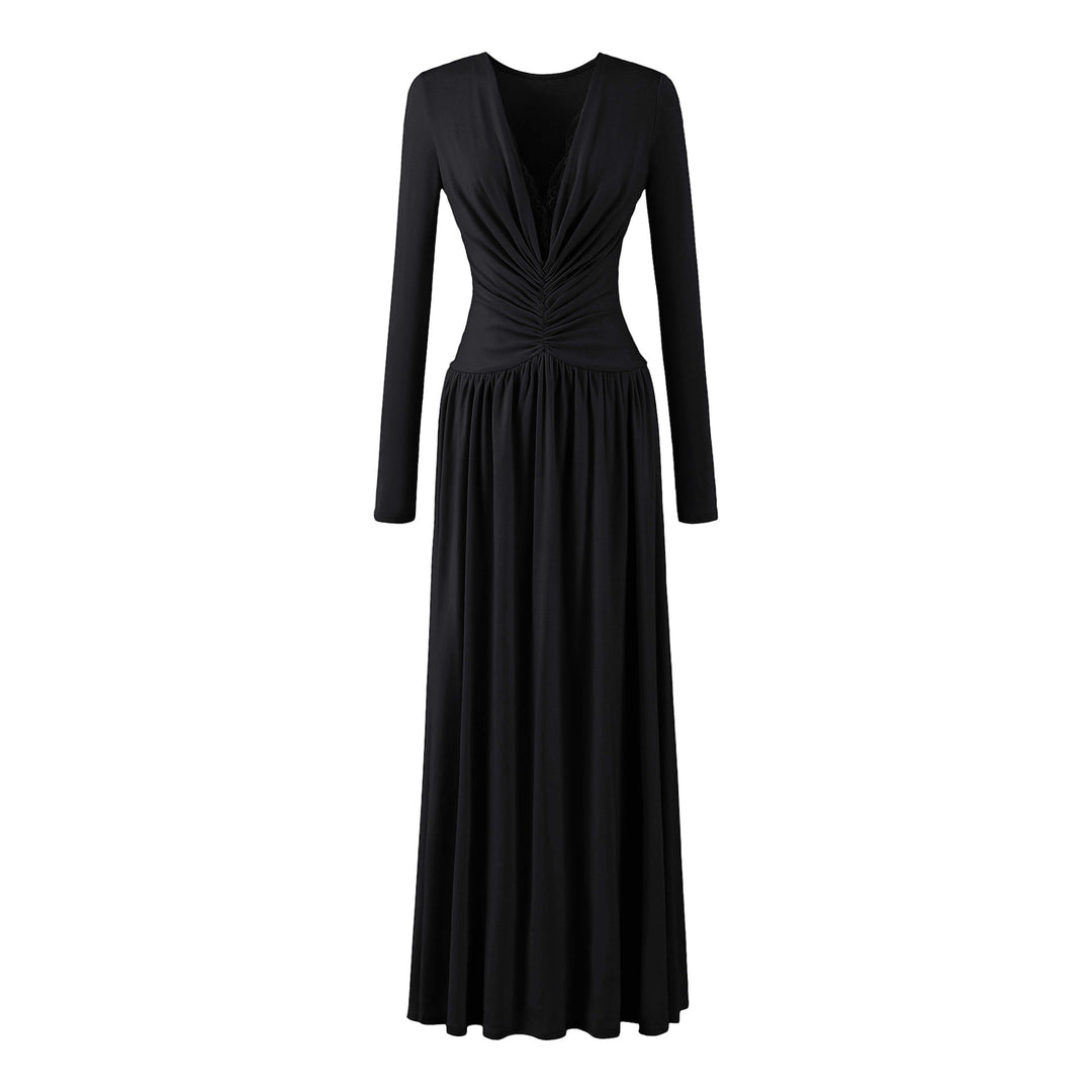 Women Maxi Dress with Ruched Wrap Top, Deep V-Neck and Lace Trim Amarae