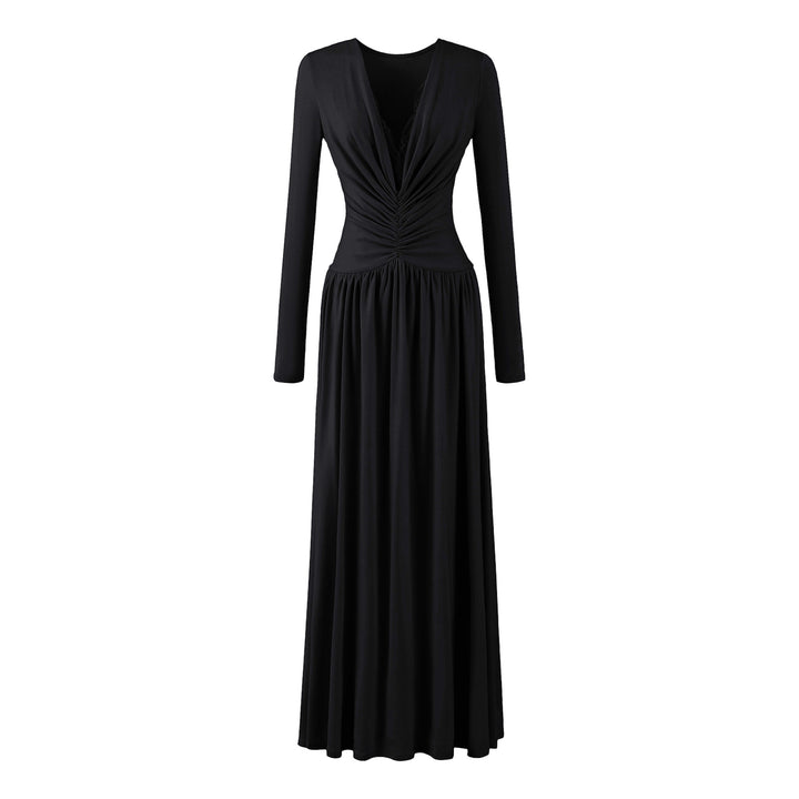 Women Maxi Dress with Ruched Wrap Top, Deep V-Neck and Lace Trim Amarae