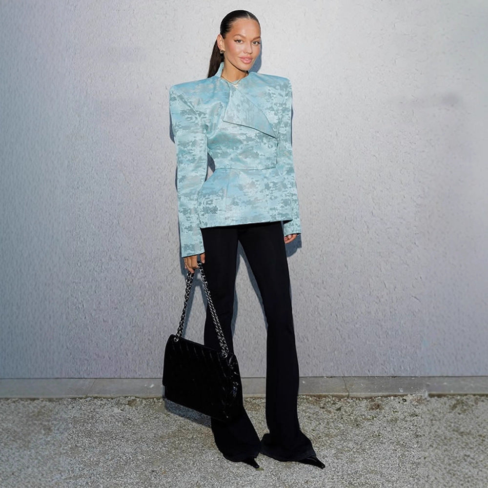 Ladies Tailored Jacquard Blazer with Defined Shoulders, Peplum and Asymmetrical Lapel Amarae