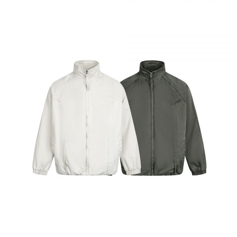 Men's Minimalist Nylon Bomber Jacket with Stand Collar, Raglan Sleeves and Gathered Hem Amarae