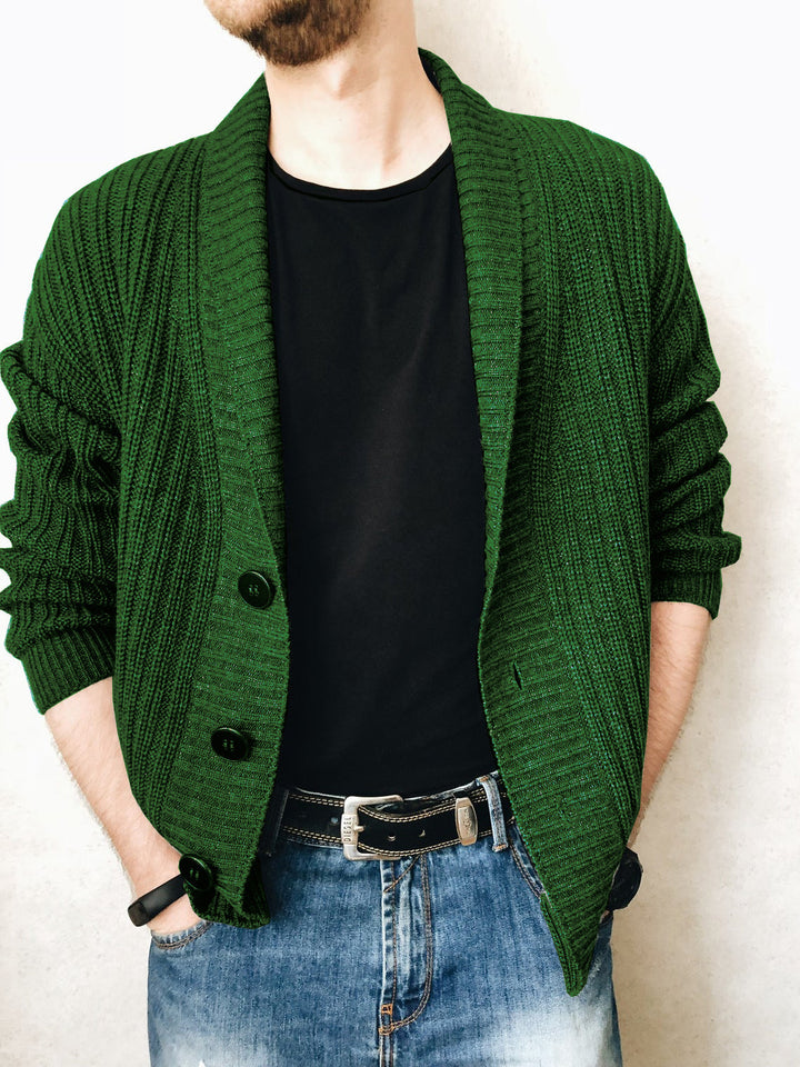 Men's knitted jacket with large collar and decorative buttons Lune London