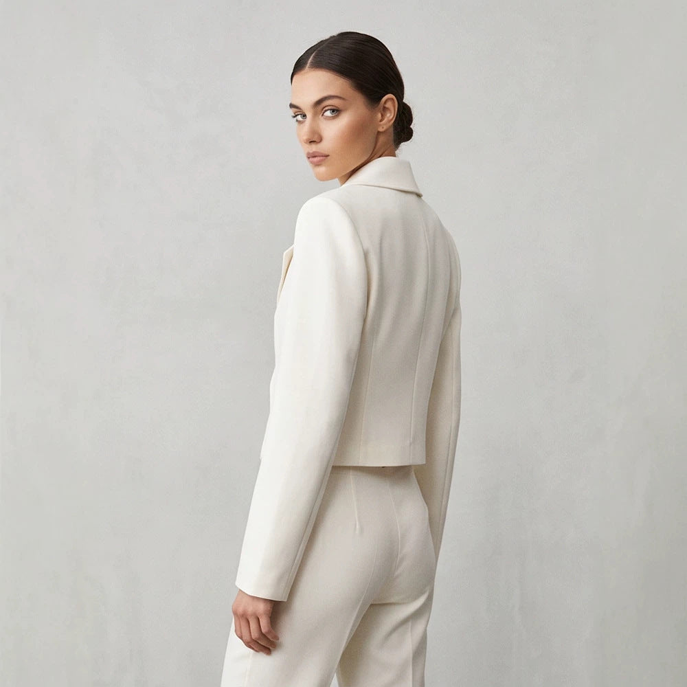Women's Short Tailored Double-Breasted Shawl Collar Blazer with Emphasized Shoulder Area Amarae