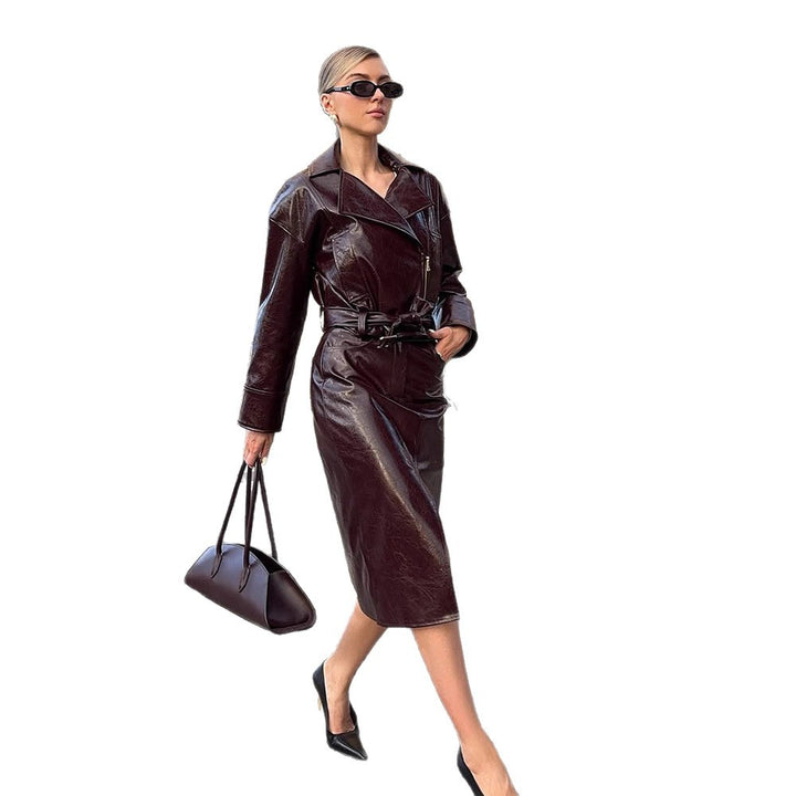 Women's Patent Leather Biker Jacket with Oversized Lapels, Boxy Cut & Visible Zipper Amarae
