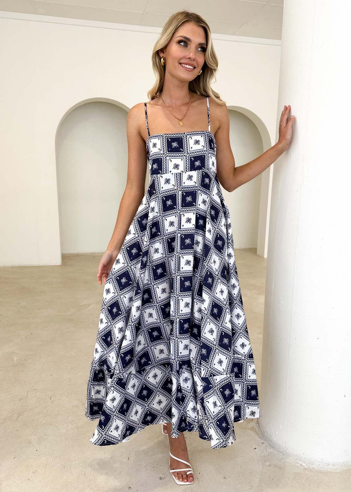 Ladies maxi dress with modern graphic patterns and thin straps Lune London