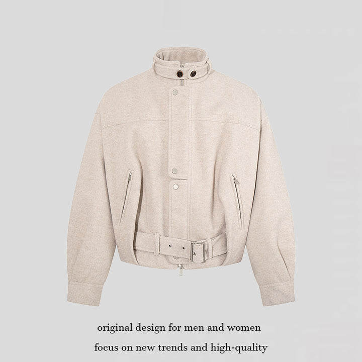 Women's short wool bomber jacket with high stand collar, waist belt and concealed zipper Amarae