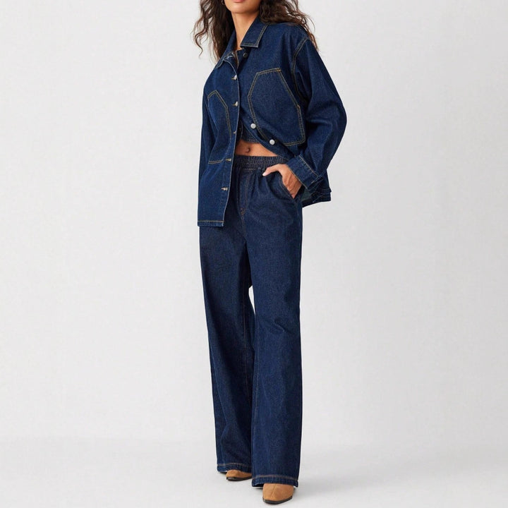 Women's Oversized Denim Jacket with Distinctive Front Pockets and Relaxed Fit Amarae