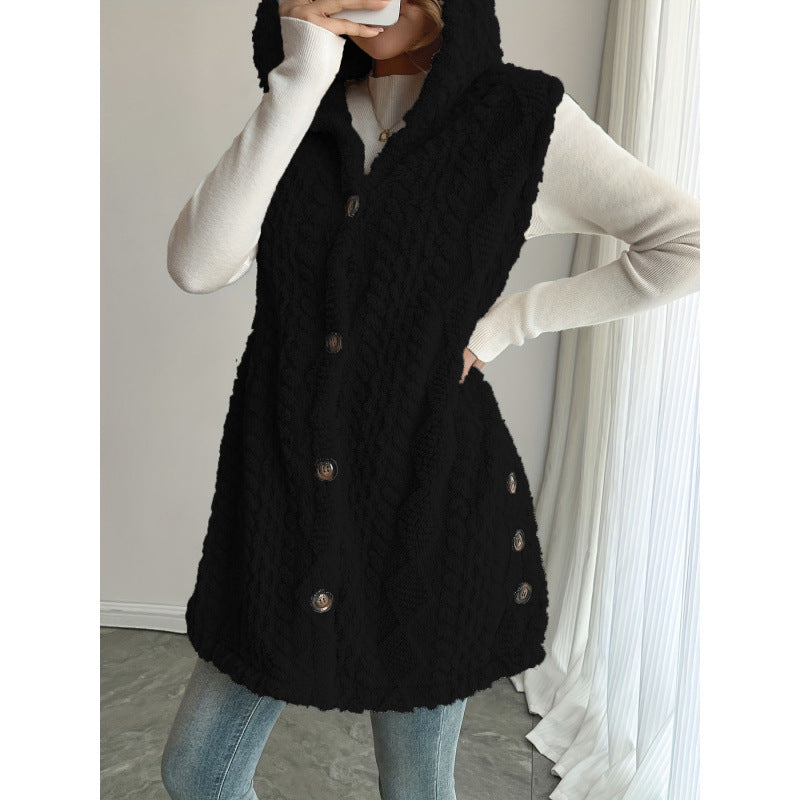 Women's Hooded Teddy Vest with Structured Cable Knit Pattern and Decorative Button Placket Amarae