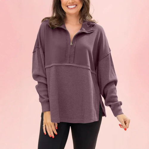 Women's knitted sweater with pattern, half-zip, and wide sleeves Amarae