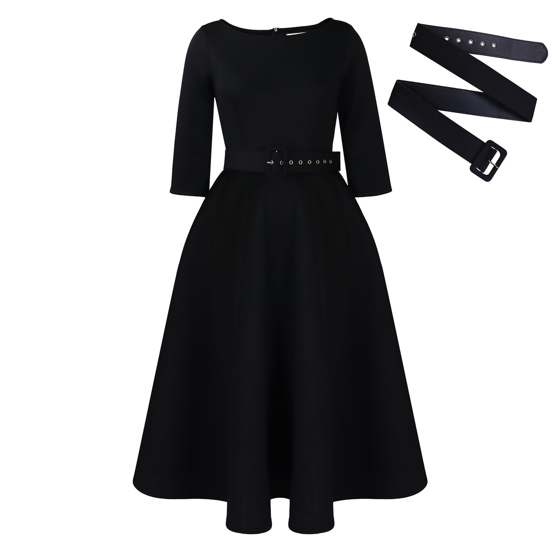 Elegant A-line dress for women with belt and ¾ sleeves Lune London