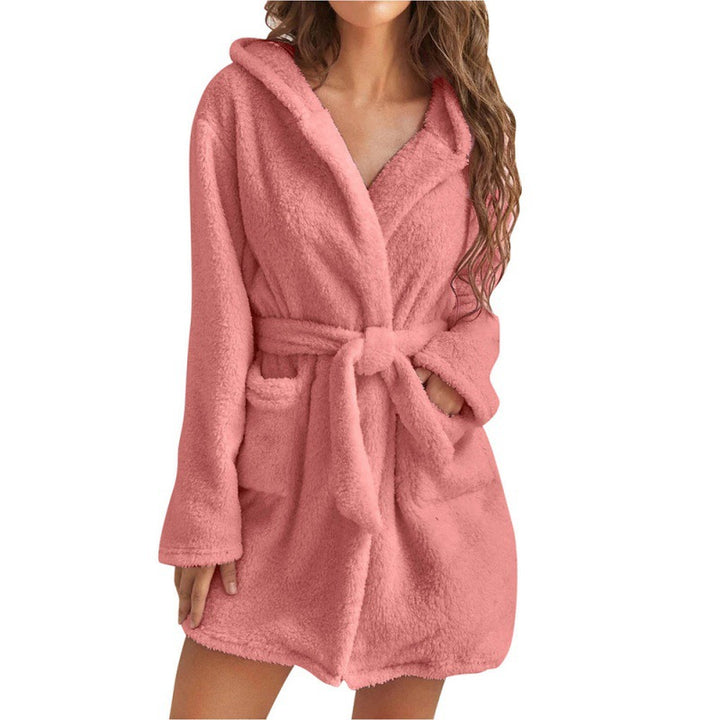 Ladies Cozy Fleece Robe with Hood and Waist Belt Lune London