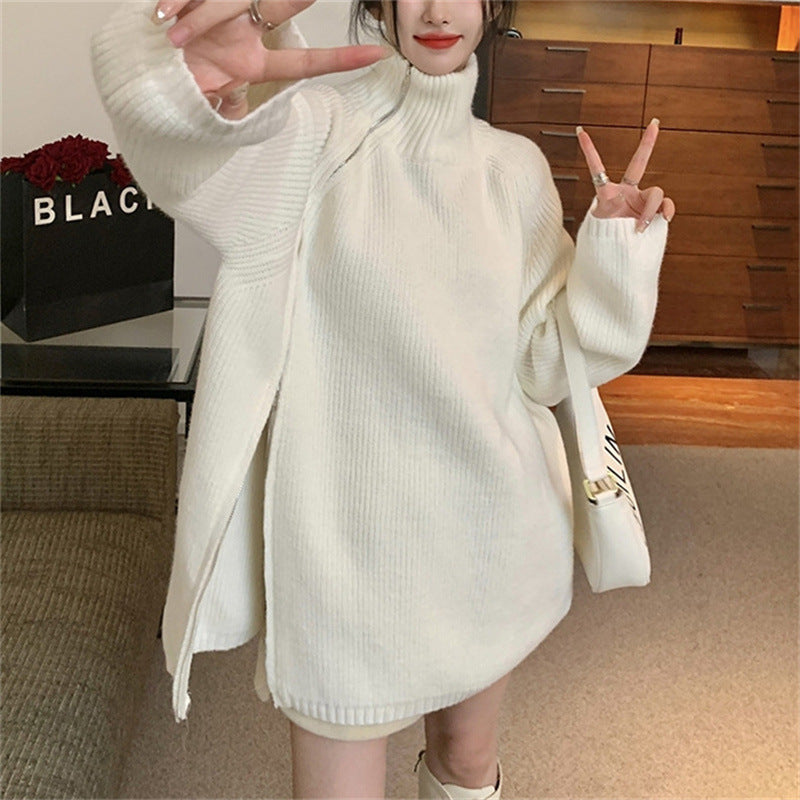 Sweater oversized à col roulé pour femmes avec fermeture éclair latérale et design côtelé Chic & Stil