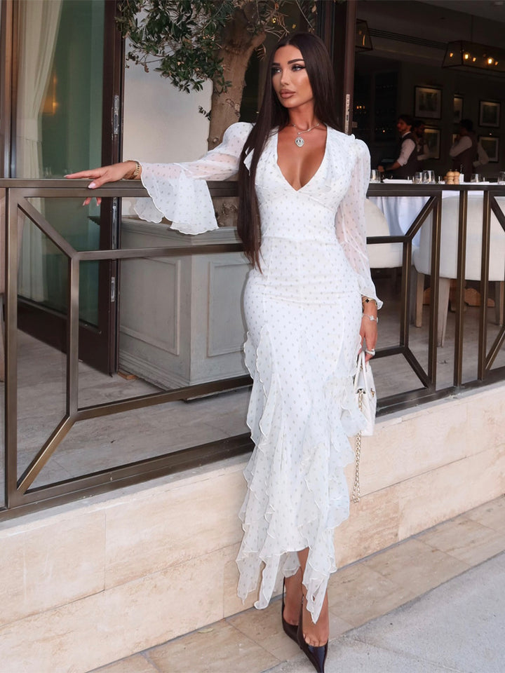 Women's chiffon maxi dress with deep V-neck, transparent bell sleeves and tiered ruffles Amarae