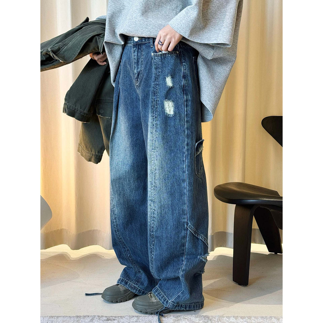 Women's Wide Baggy Jeans with Distressed Details and Cargo Pockets Amarae
