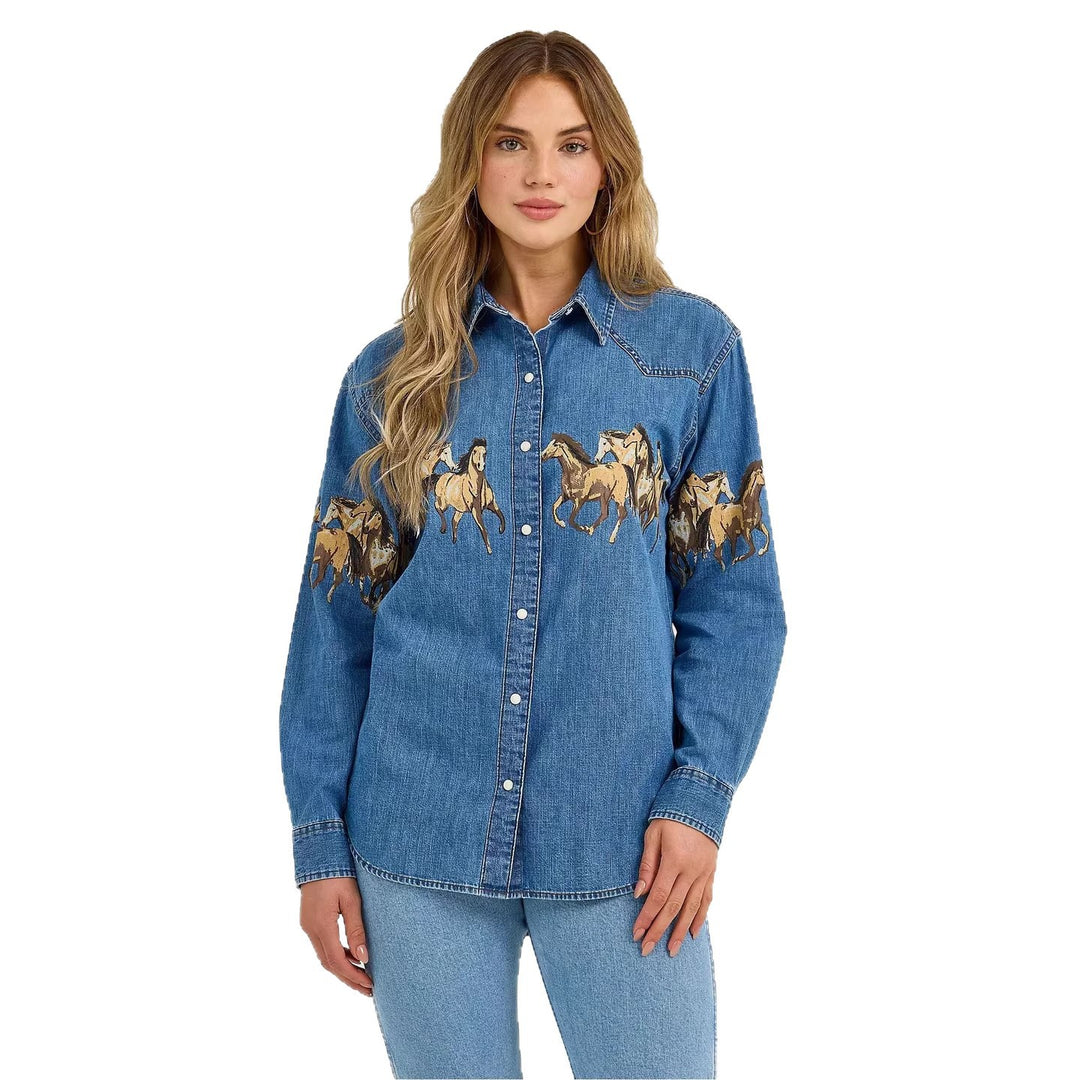 Ladies' denim shirt with creative horse design and high-quality cotton blend Lune London
