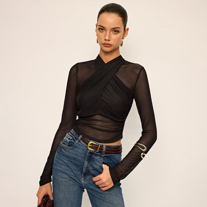 Women Elegant long sleeve top with wrapped design and transparent inserts Lune London