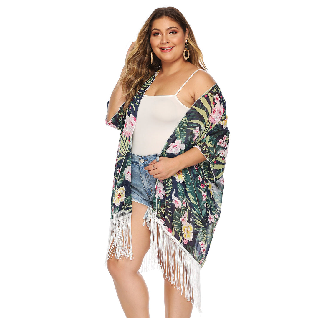 Ladies-Kimono with floral print and fringes Lune London