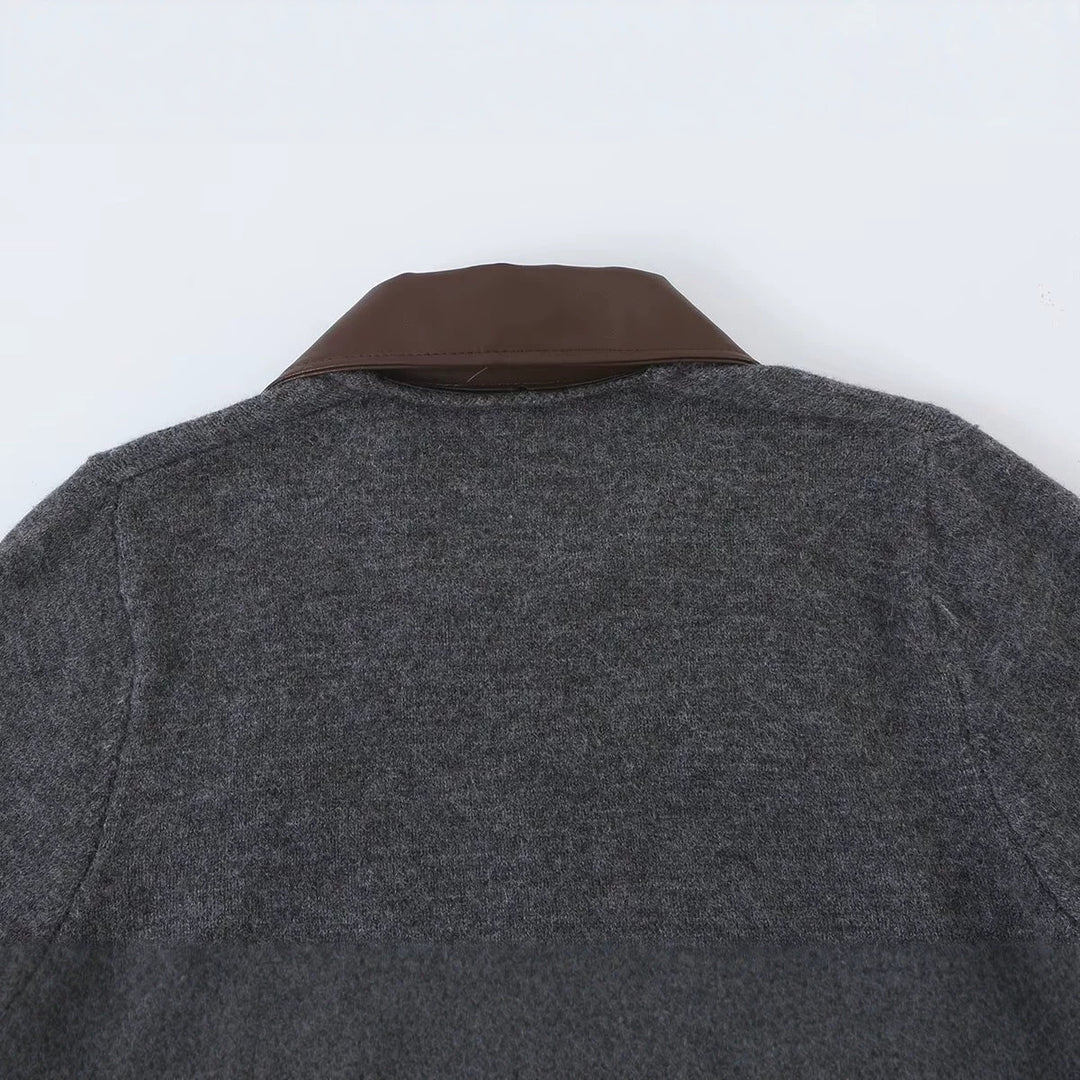 Women Short Wool Blend Cardigan with Zipper and Contrasting Faux Leather Collar Amarae