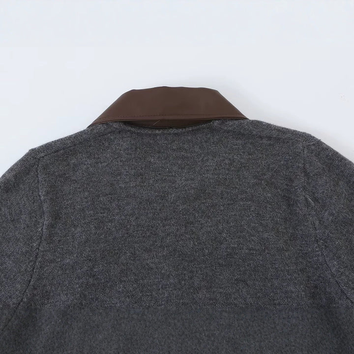 Women Short Wool Blend Cardigan with Zipper and Contrasting Faux Leather Collar Amarae