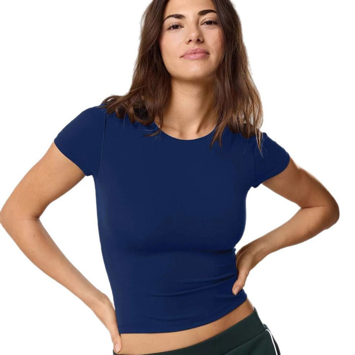 Women's Fitted Short Sleeve Shirt Made of Elastic Cotton Blend with Round Neckline and Seamless Design Lune London