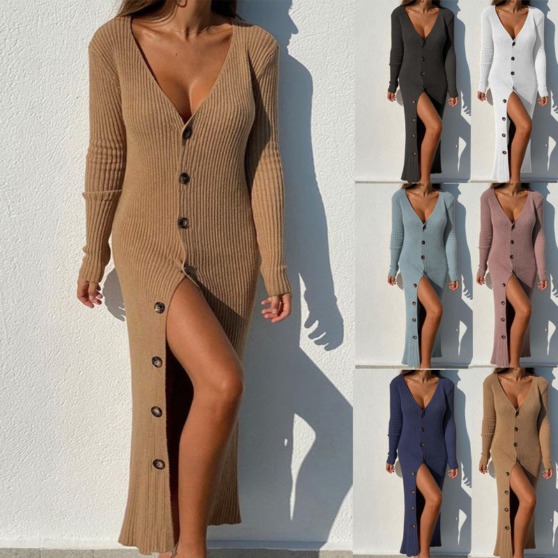 Knit dress for women with button placket and split neckline Lune London