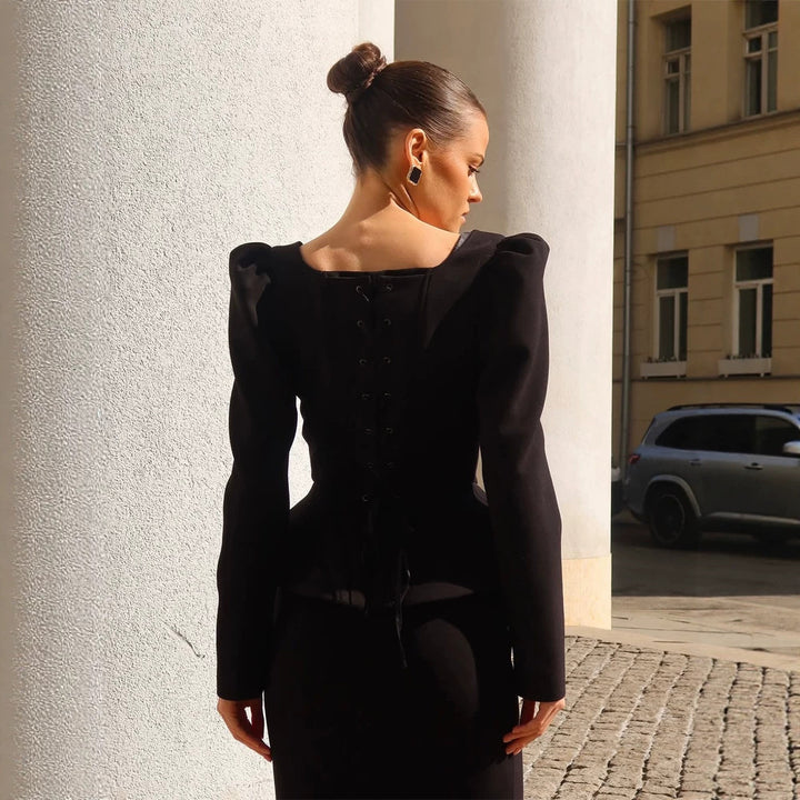 Women's Tailored Corset Blazer Top with Square Neckline, Peplum and Emphasized Shoulders Amarae